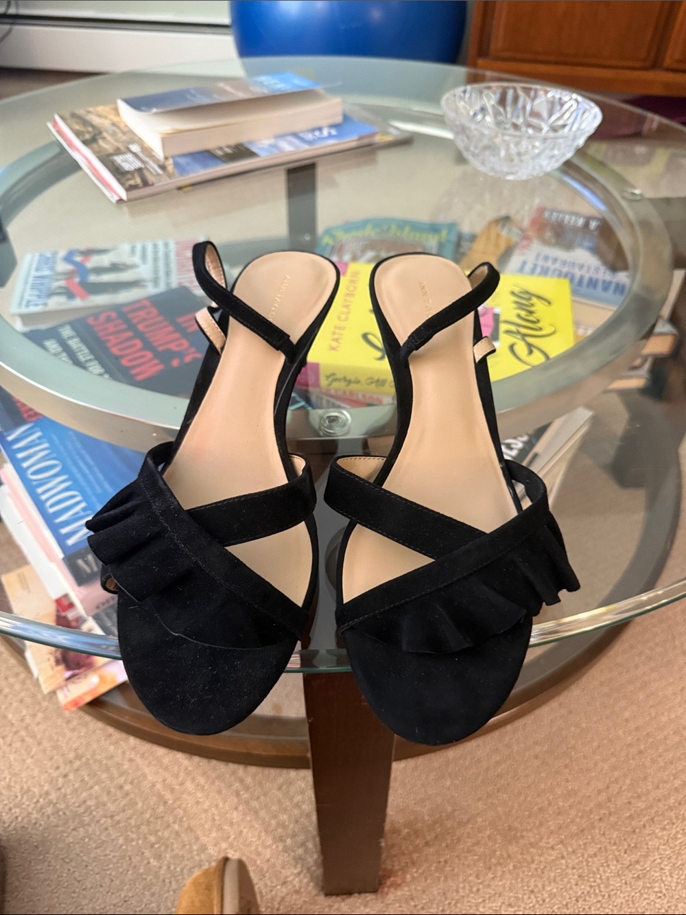 Ann Taylor Black Ruffle-Strap Sandals